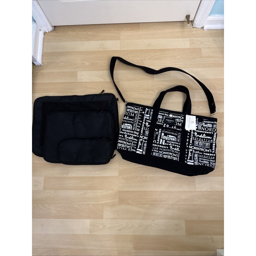Nordstrom 125 Anniversary Canvas Black/White Logo Tote Bag + 3 Packing Cubes NEW
